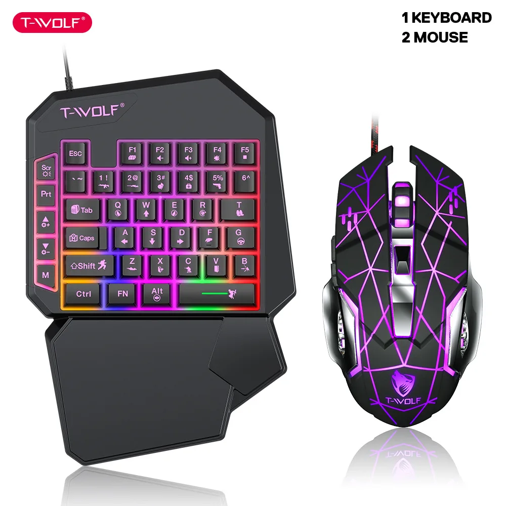 Gaming Accessories Bundle - คีย์บอร์ดมือเดียว TF900 T-WOLF บัลลังก์เซ็ตเกมเรืองแสงมือถือกินไก่อุปกรณ์เสริมสำหรับเล่นเกม