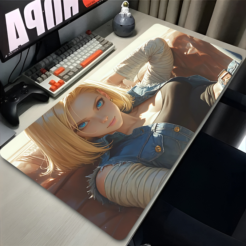 Gaming Accessories Girly - แผ่นรองเมาส์ขนาดใหญ่ดราก้อนบอล แอนดรอยด์ 18 เกมเมอร์แผ่นรองเมาส์อะนิเมะสาวแผ่นรองโต๊ะสำนักงานเกมพีซีอุปกรณ์เสริมแผ่นรองเมาส์ยางกันลื่น