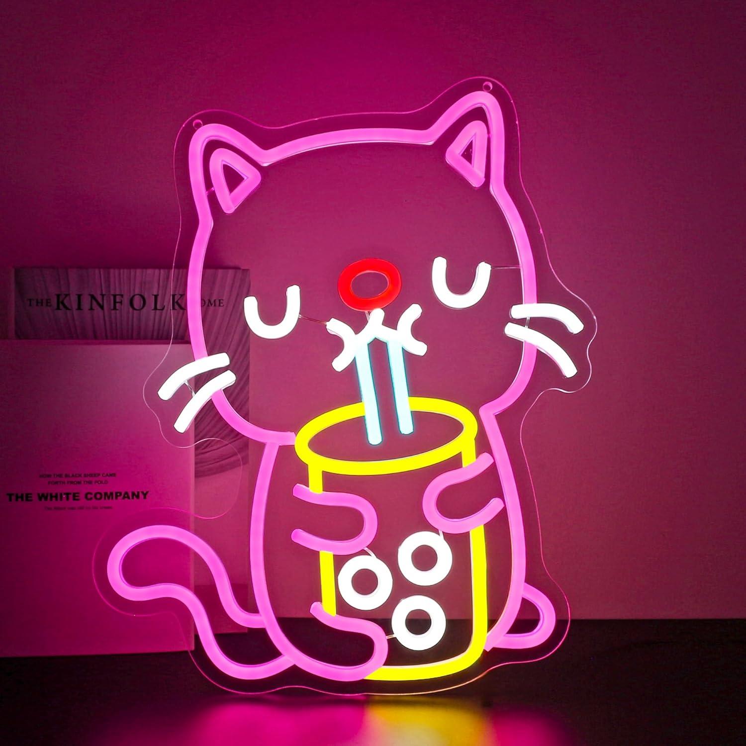 Gaming Accessories Shop - ป้ายไฟนีออนรูปแมวและชานมไข่มุก ไฟ LED ปรับความสว่างได้ผ่าน USB สำหรับตกแต่งห้องนอน