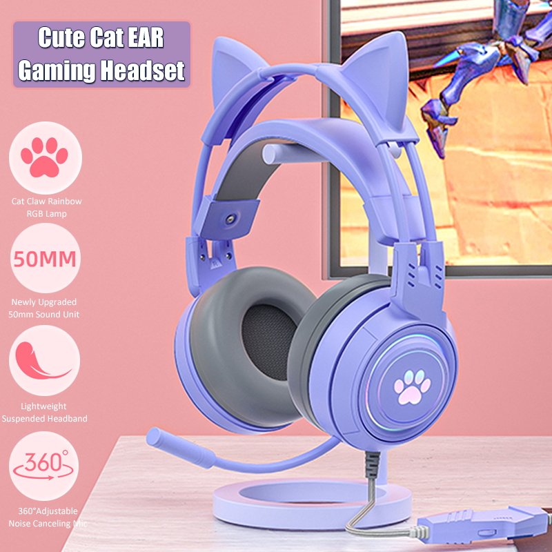 Gaming Accessories Girly - ชุดหูฟังสำหรับเด็กผู้หญิงสีชมพู, Headphone GAMING หูแมวน่ารักพร้อมไมค์ลดเสียงรบกวน RGB อุปกรณ์เสริมสำหรับ