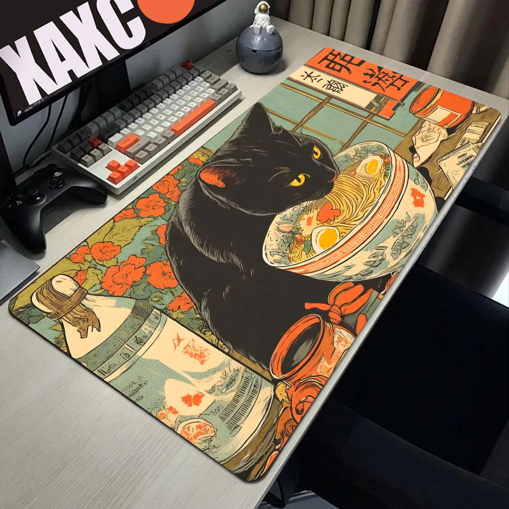 Gaming Accessories Shop - HYBXAXC แมวดำชอบกินราเมน แผ่นรองเมาส์ร้านอาหาร โตเกียว ป๊อปอาร์ต แผ่นรองเมาส์ยางกันลื่นขนาดใหญ่
