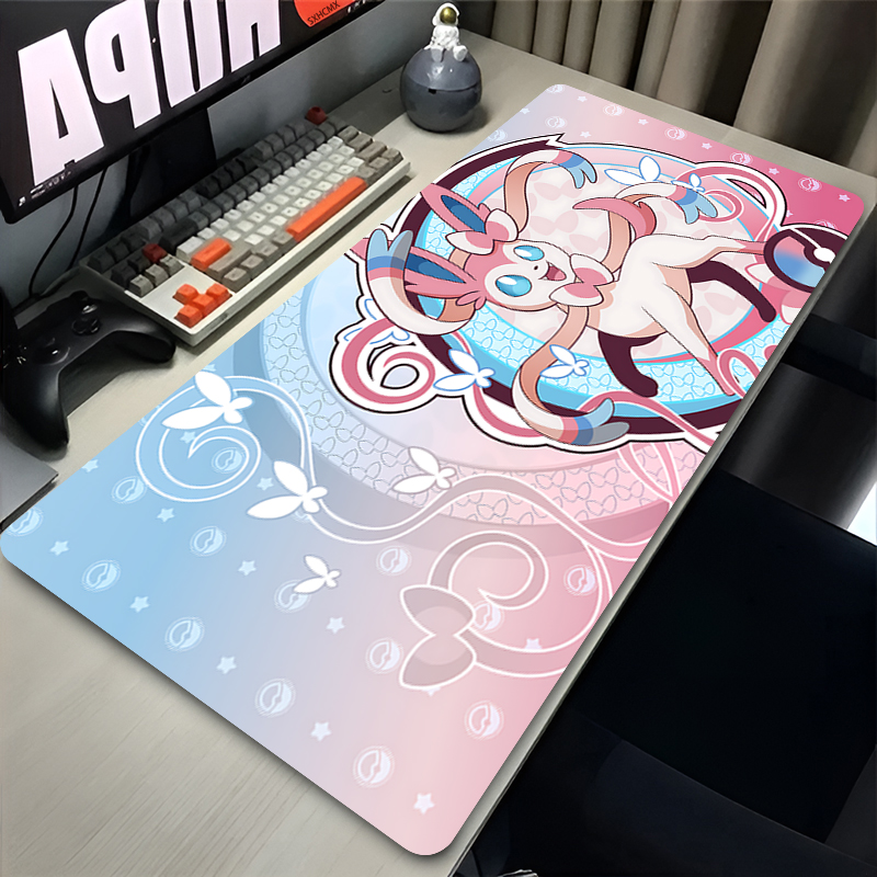 Gaming Accessories Girly - แผ่นรองเมาส์สีชมพูขนาดใหญ่ XXL อุปกรณ์เสริมคอมพิวเตอร์สำหรับเล่นเกม P-pokemon Sylveon แผ่นรองคีย์บอร์ดสำหรับวางโต๊ะ